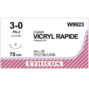Ethicon (W9923) Vicryl Rapide 3-0 PS-2 19mm 3/8 R/C 75cm (12) Undyed Suture
