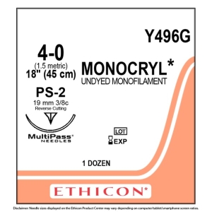 Ethicon (Y496G) Monocryl 4-0 PS-2 19mm 3/8 R/C 45cm (12) Undyed Suture