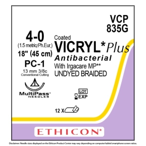 Ethicon (VCP835G) Vicryl Plus 4-0 PC-1 13mm 3/8 C/C 45cm (12) Undyed Suture