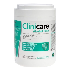 CLINICARE Alcohol Free HG Disinfectant Towelette Canister (180) 15x17cm