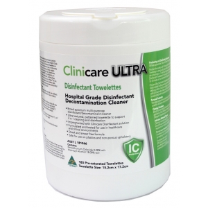 CLINICARE Hospital Grade Disinfectant ULTRA Wipes Canister (180) 15.2x17.2cm *New Formula*