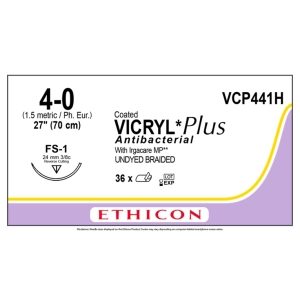 Ethicon (VCP441H) Vicryl Plus 4-0 FS-1 24mm 3/8 R/C 70cm (36) Undyed Suture